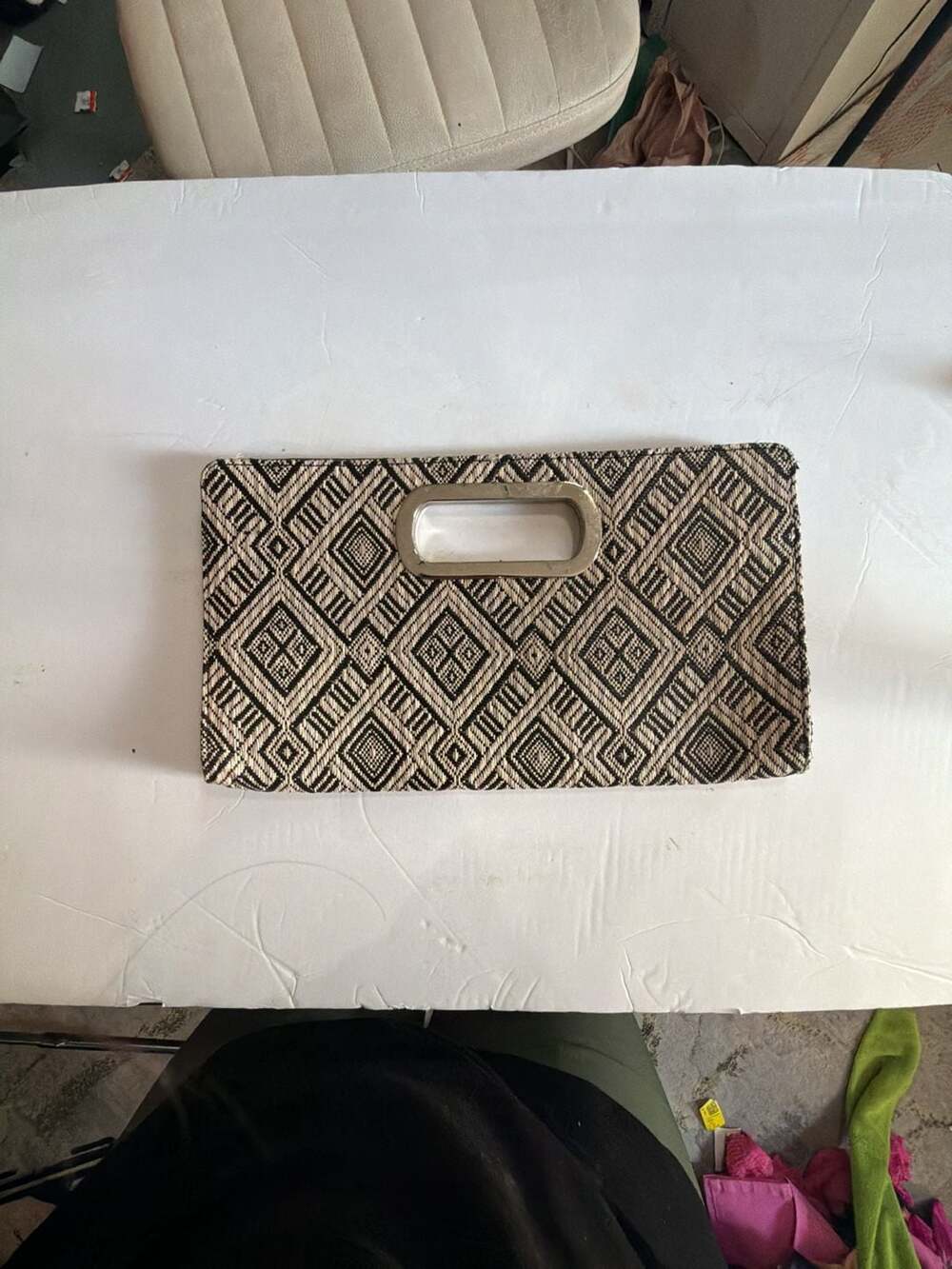 Cato Women's Black and Tan Woven Tribal Pattern Clutch Bag with Metal Handle